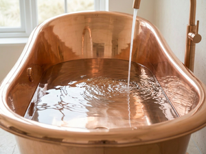 Copper bathtub with water being poured into it, set against a neutral background.