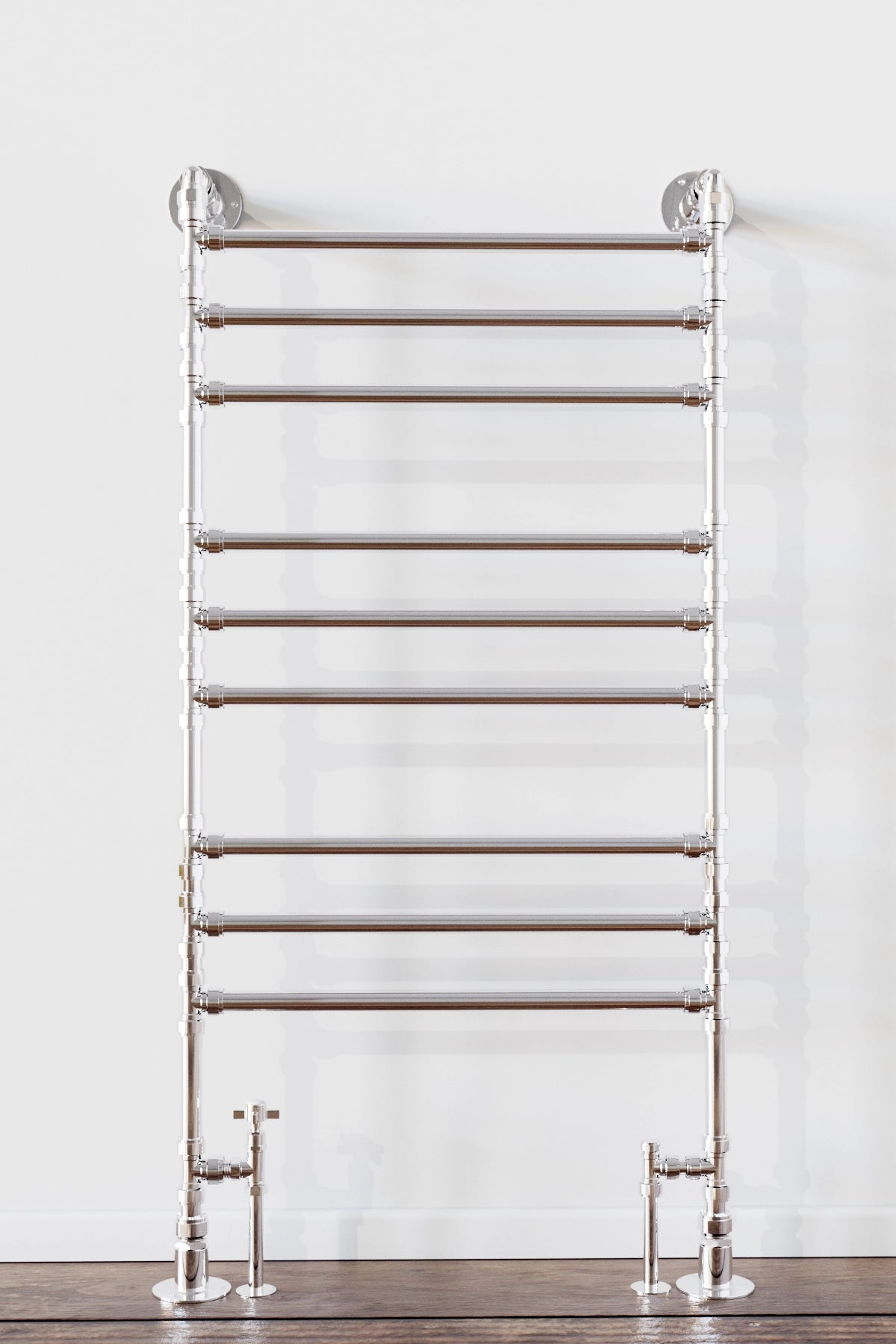 Chrome towel ladder in bathroom