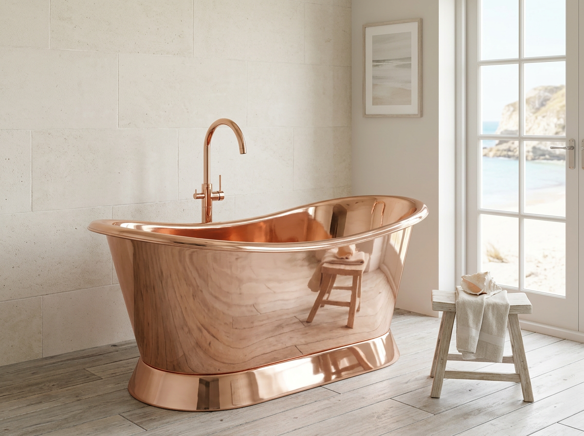 Copper bathtub in a bathroom with large windows and a view of water.