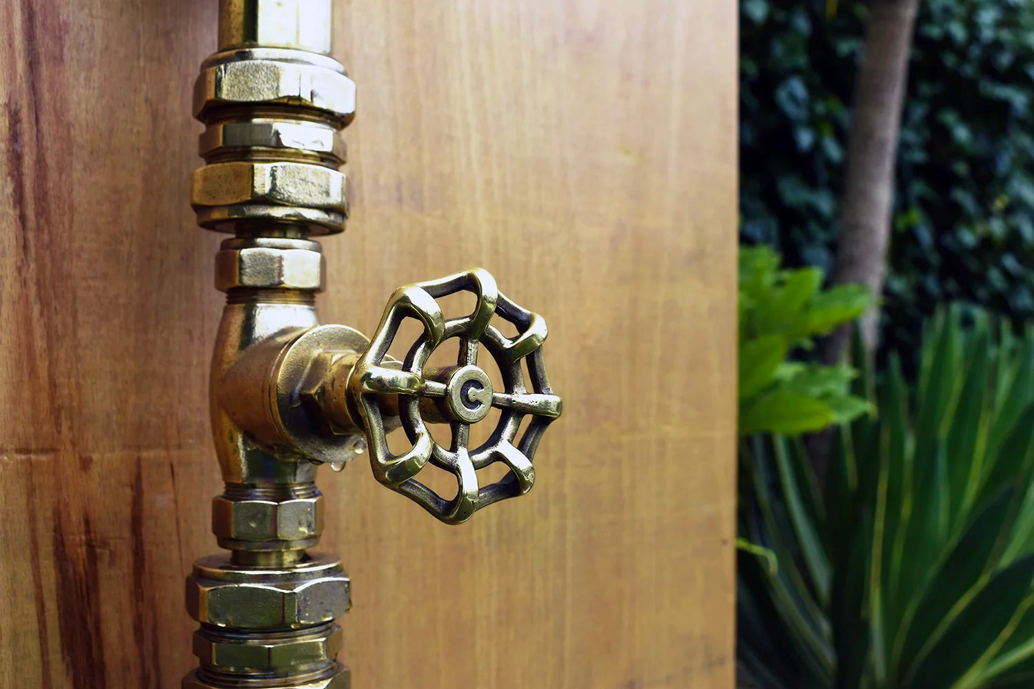 Brass valve on a wooden background with plants in the background