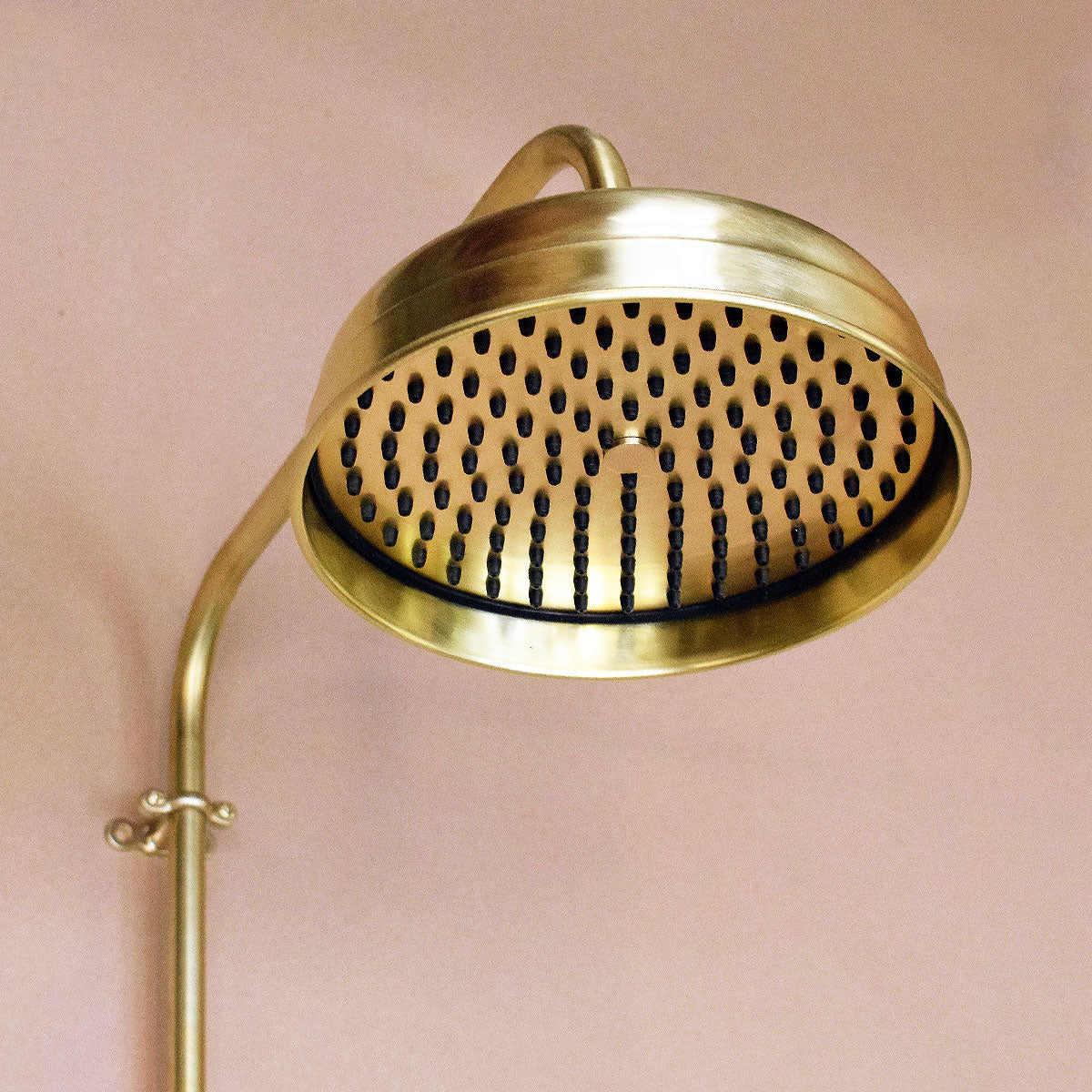 Close-up of domed brass rainfall head from below