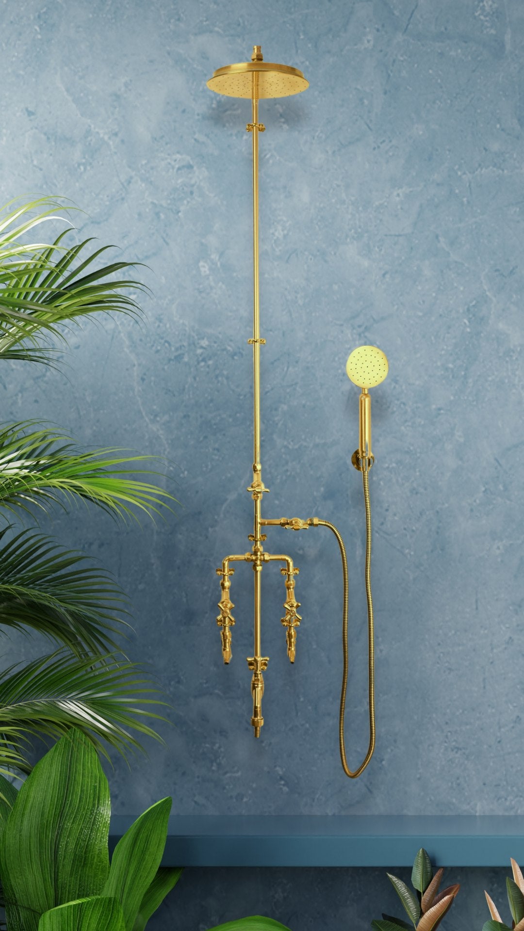 brass mixer shower featured in a blue tropical bathroom setting with spa and wellness section