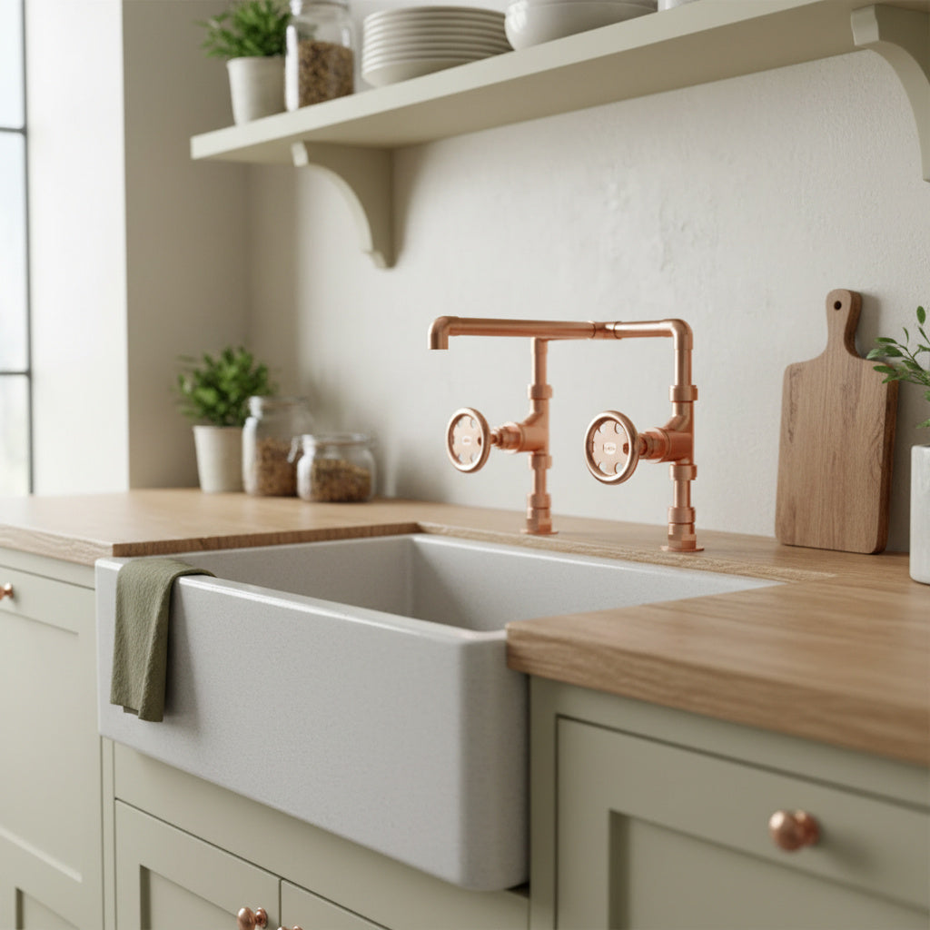 Kitchen copper tap with a white sink, wooden countertop, and copper faucet.