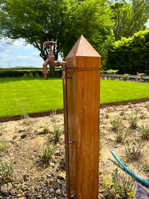 Wooden garden tap with a lawn