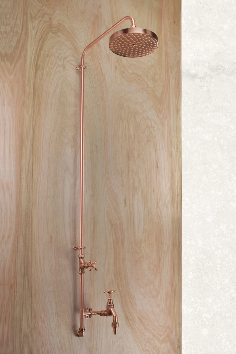 fully copper outdoor shower with handy garden tap and hose connetion