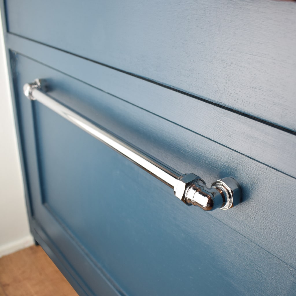 Chrome Handle (Industrial) - Long handle on blue kitchen drawers