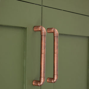 Aged Copper U-Pull Handle - On Green Cabinet