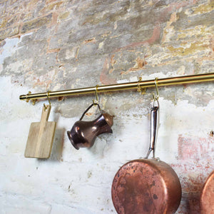 brass pan hooks featured on our pot and pan storage rail brass