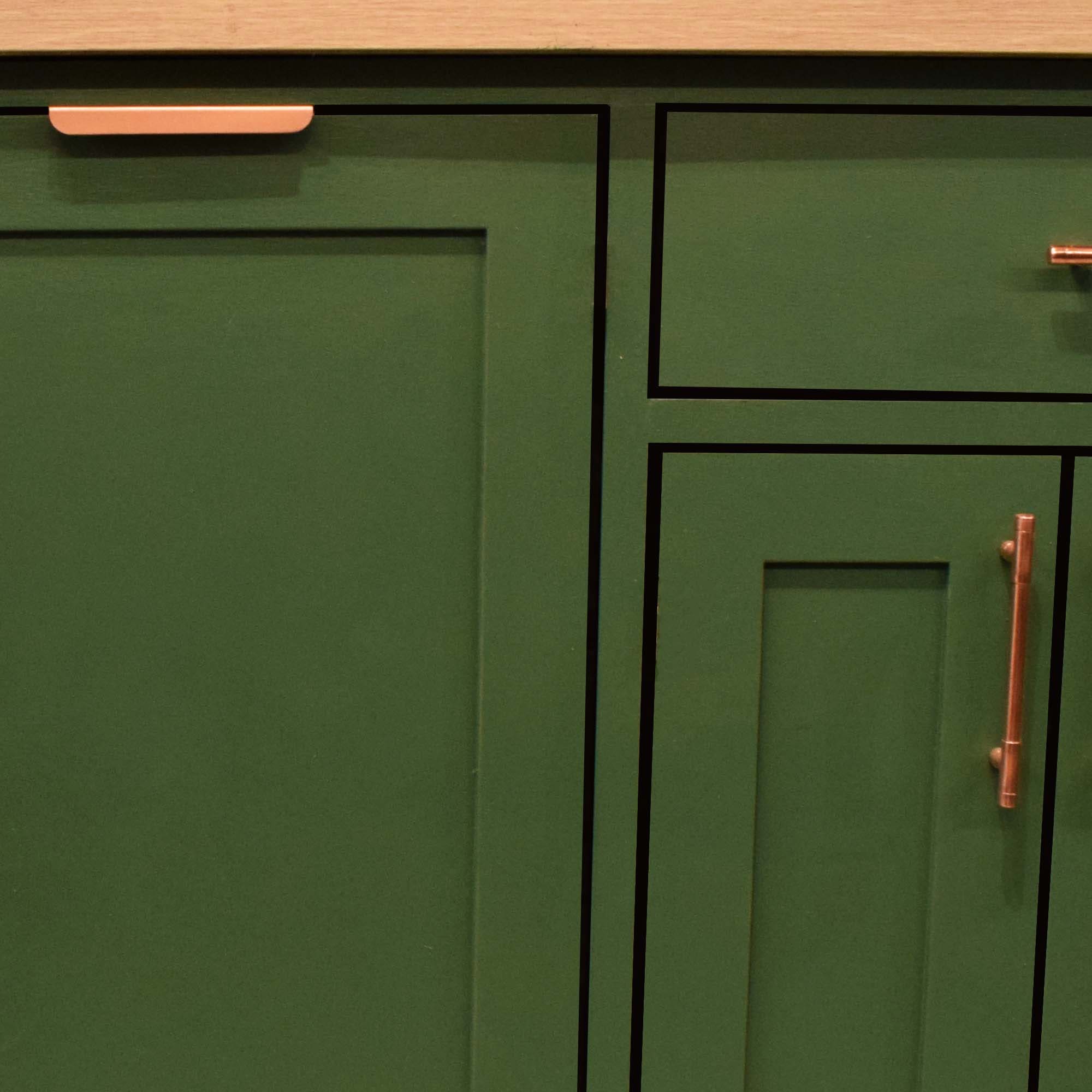 Folded Copper Lip Pull - On Green Cabinets