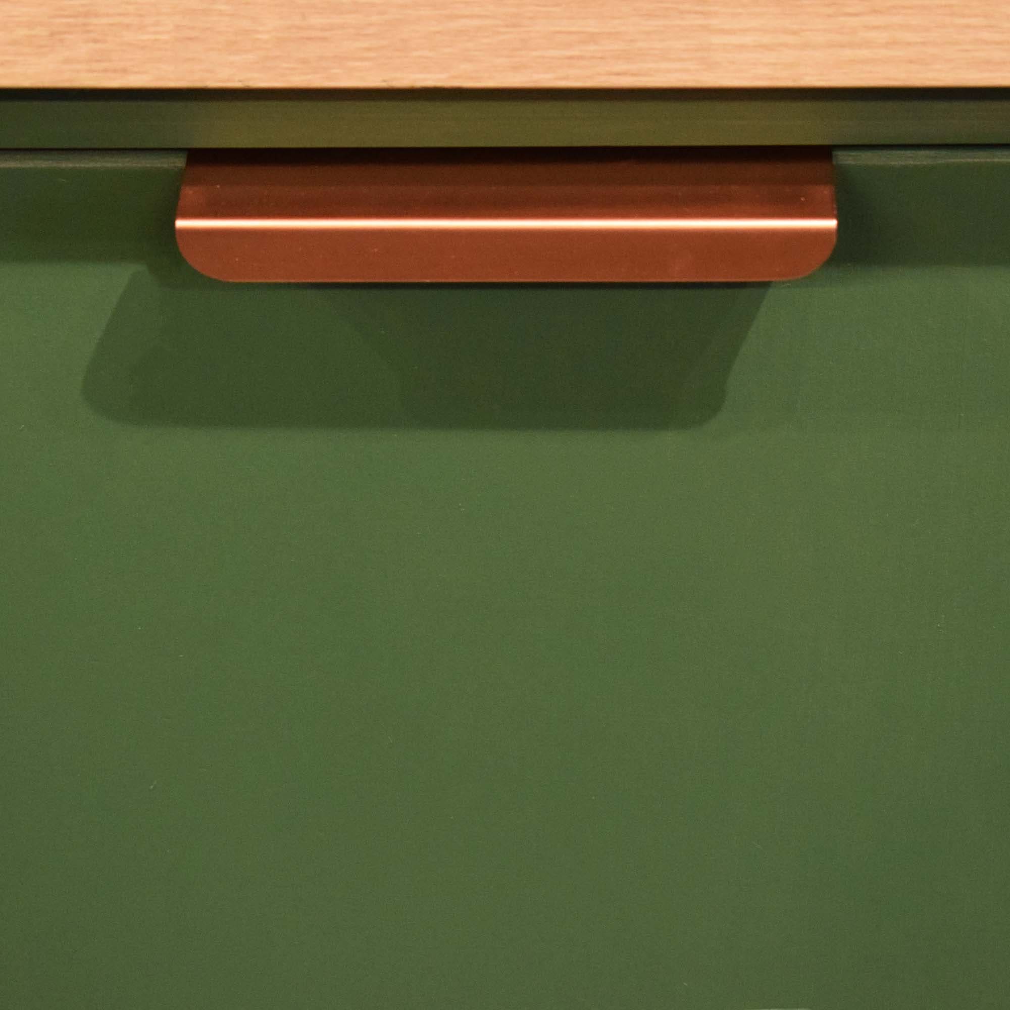Folded Copper Lip Pull - On Green Cabinets Front Shot