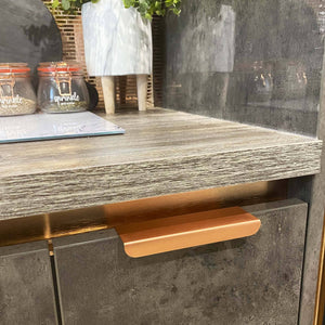 Folded Copper Lip Pull - On Grey Cabinets
