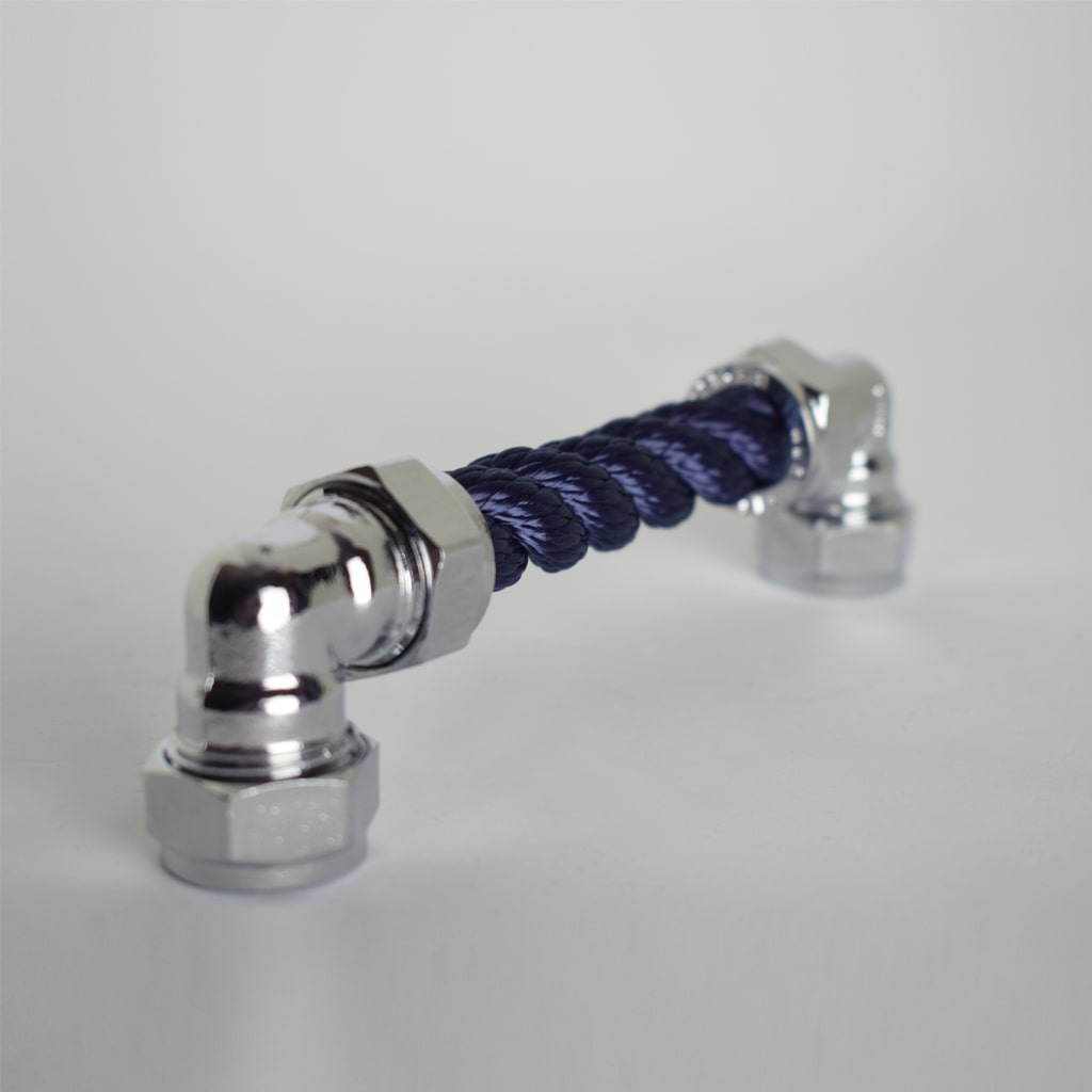 Chrome Rope Pull with navy rope on white background side view