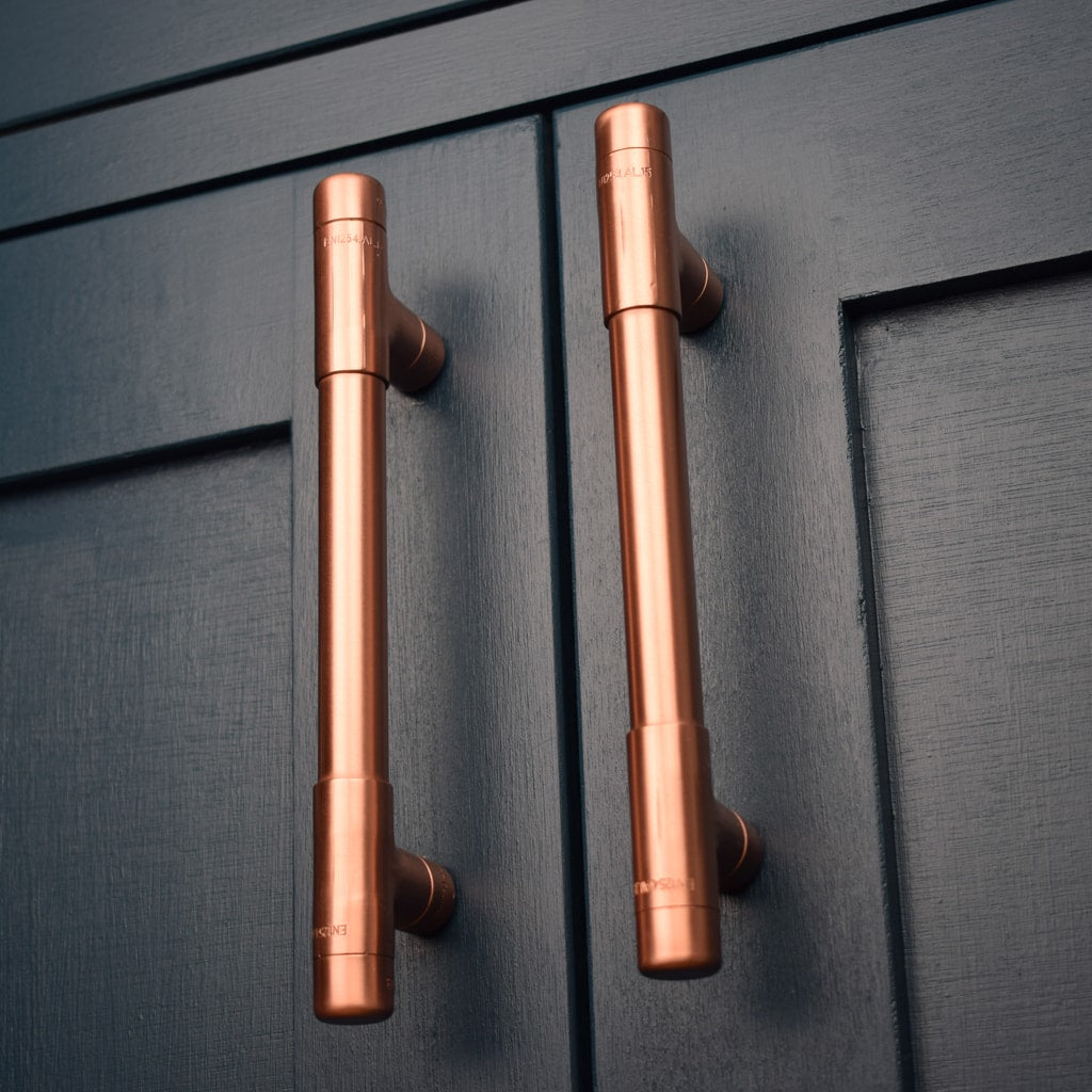 Copper Handle T-shaped Pull on Blue Cabinets