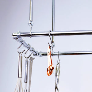 Chrome Ceiling Pot and Pan Rack with chrome hooks and utensils 