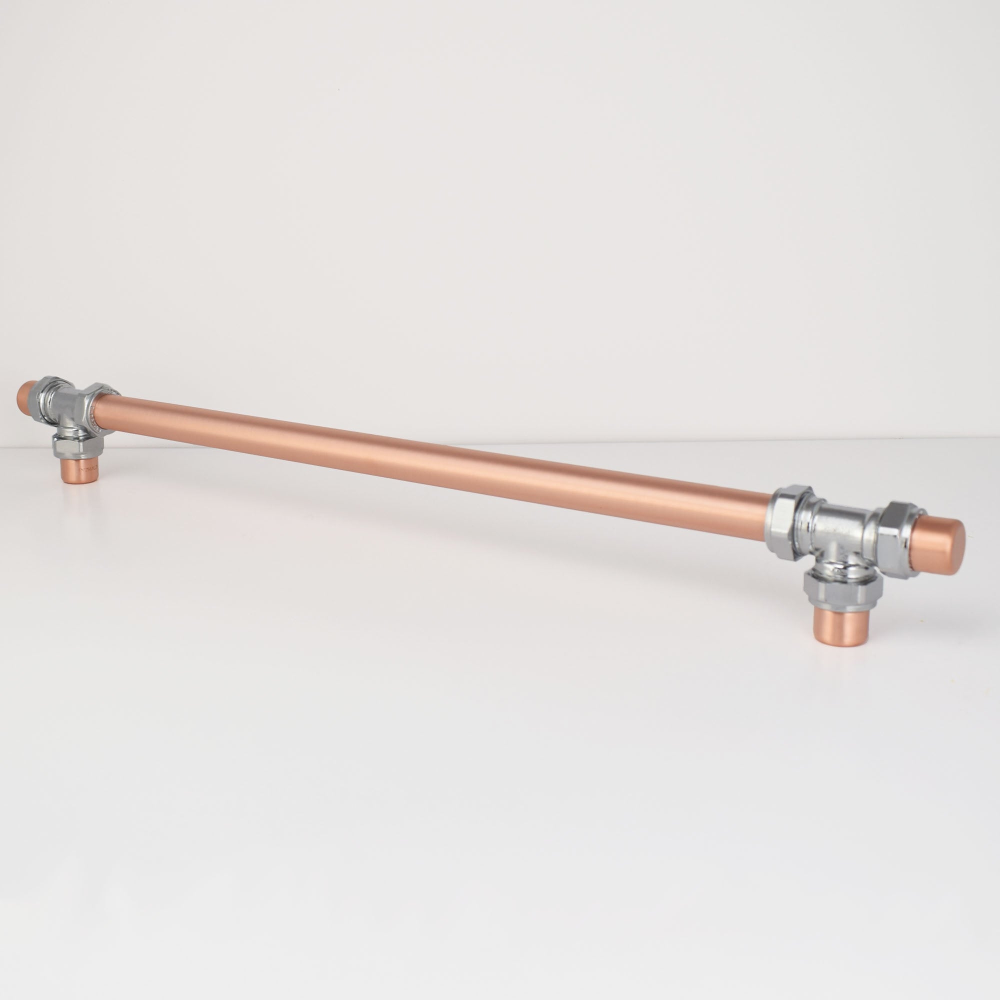 Chrome and Copper T- Bar Barn Door Pull on plain background