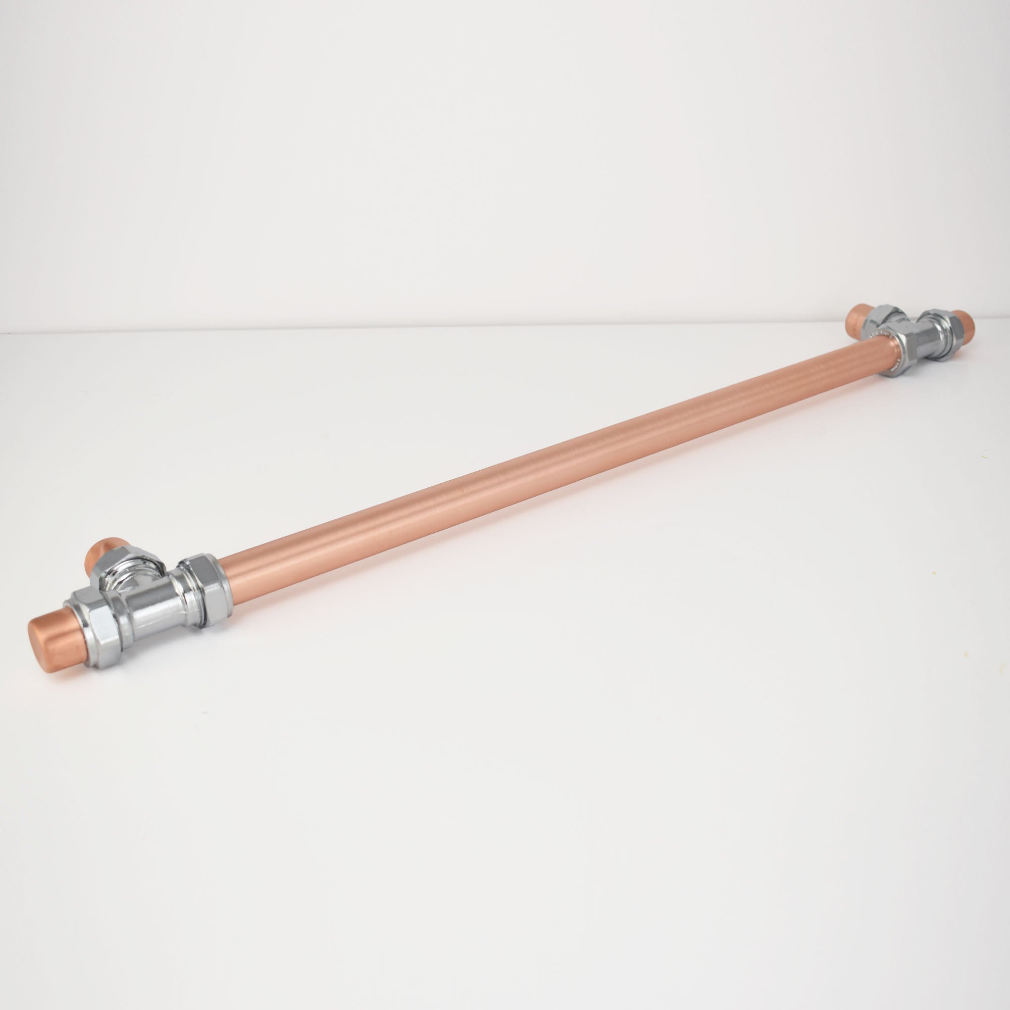 Chrome and Copper T- Bar Barn Door Pull on plain background angled view 
