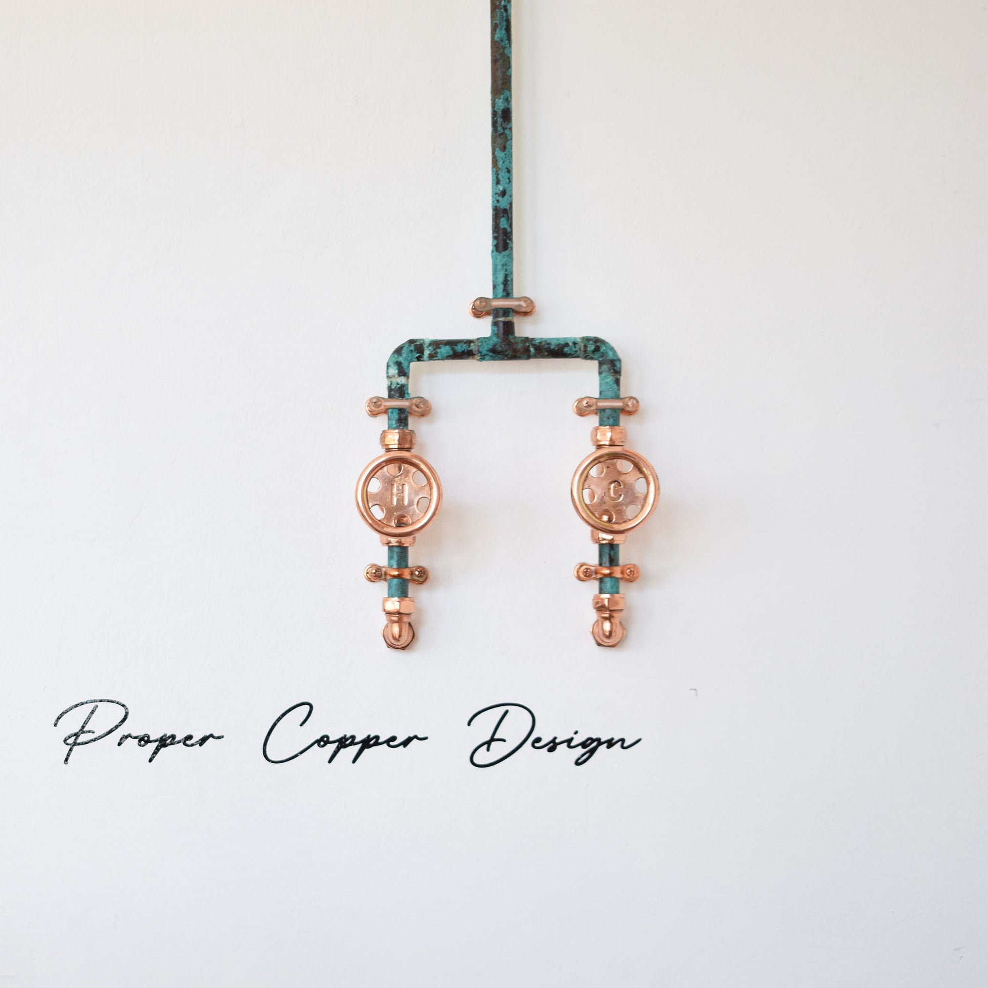 copper and Verdigris mixer taps custom shower