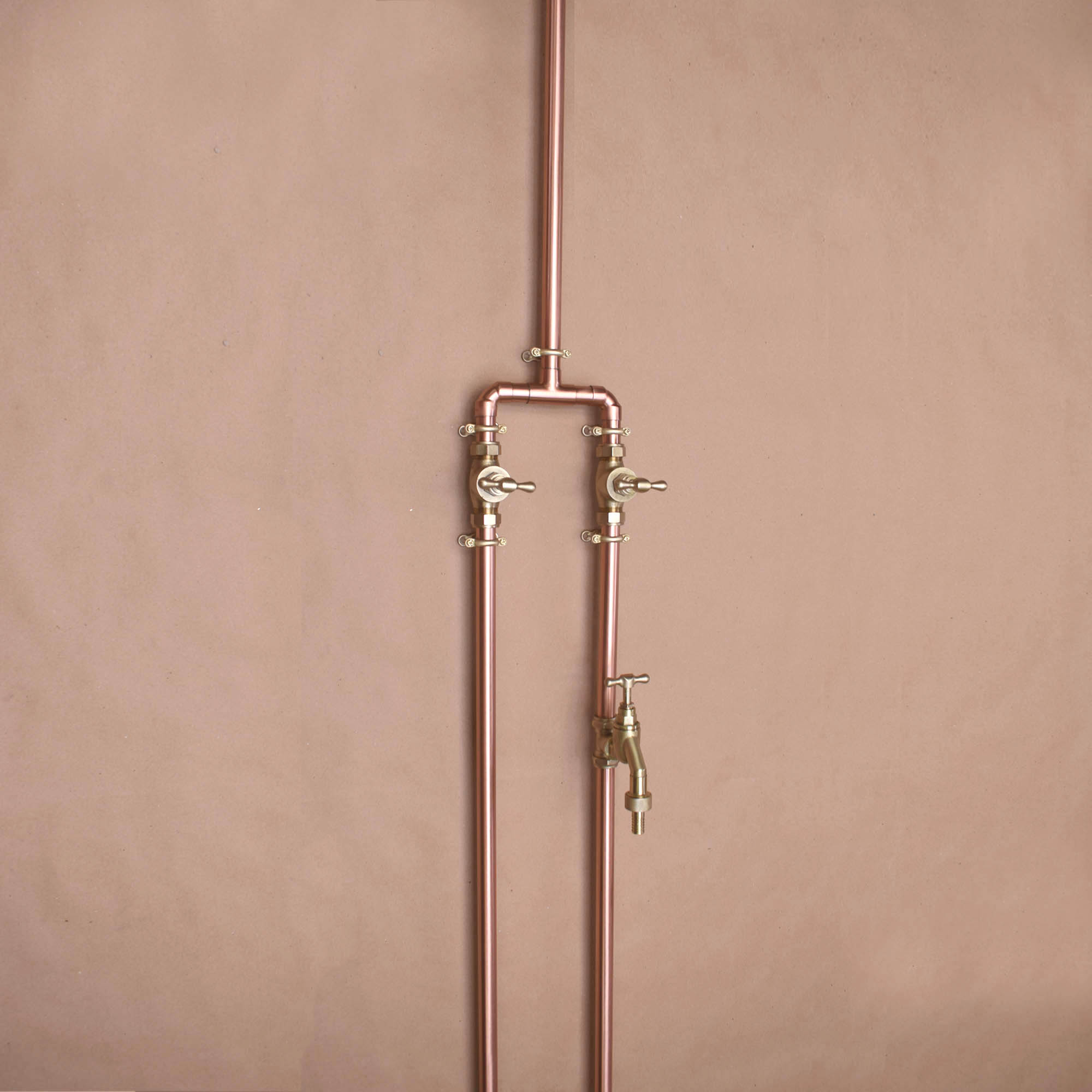 full length outdoor garden shower design. made from copper and brass with hose tap