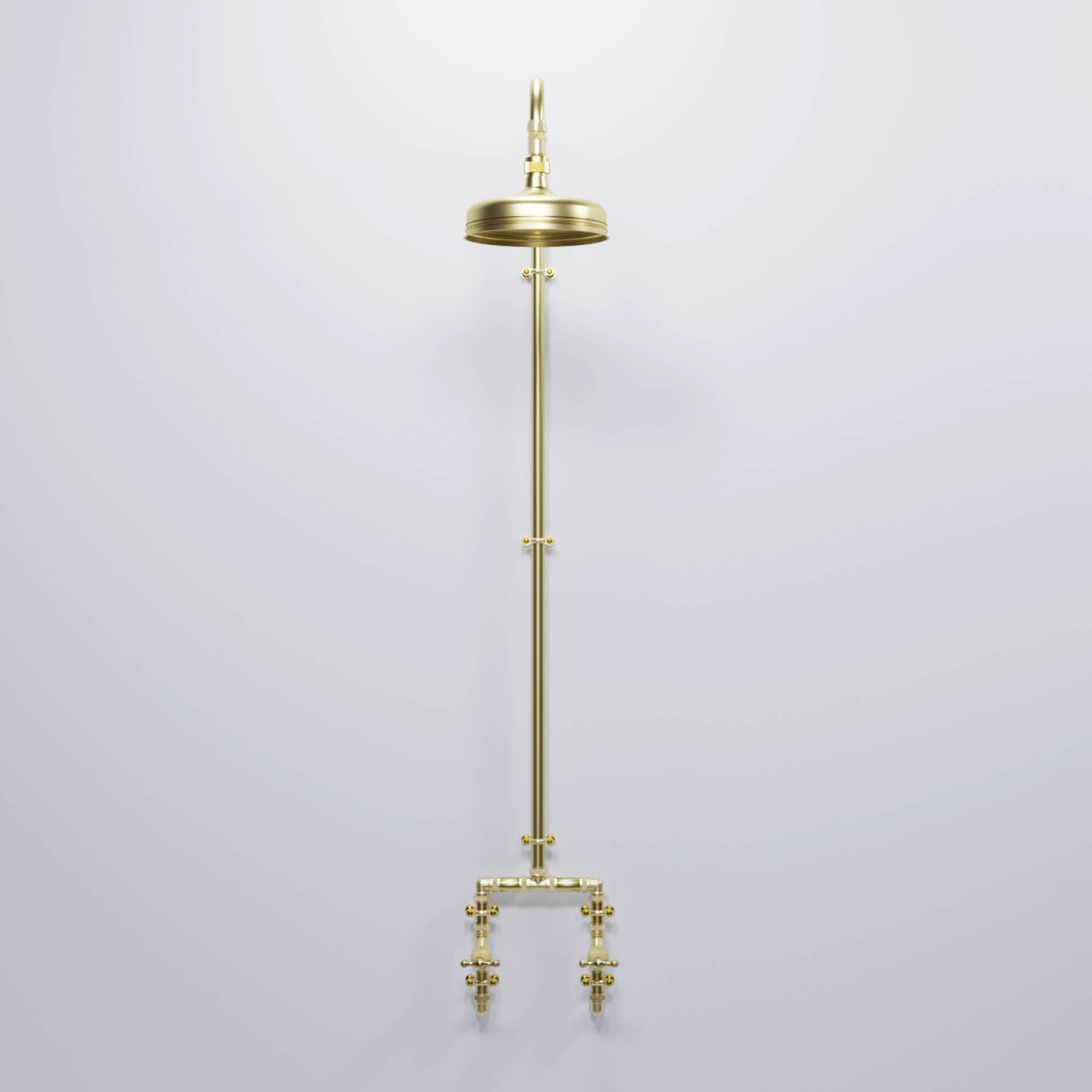 brass shower handcrafted and featured with a brass rainfall shower head, made in Brighton UK