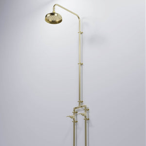 exposed brass shower with rainfall shower head domed