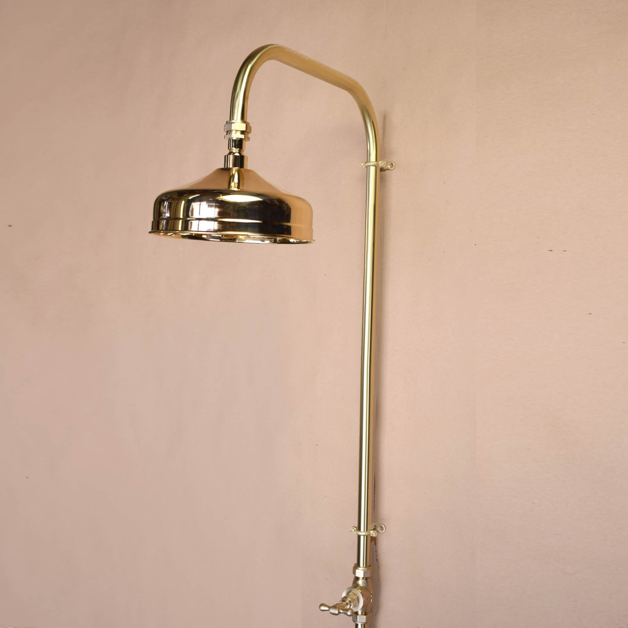 A vintage-inspired brass shower head with a classic rain spray pattern and intricate details on the face side photo