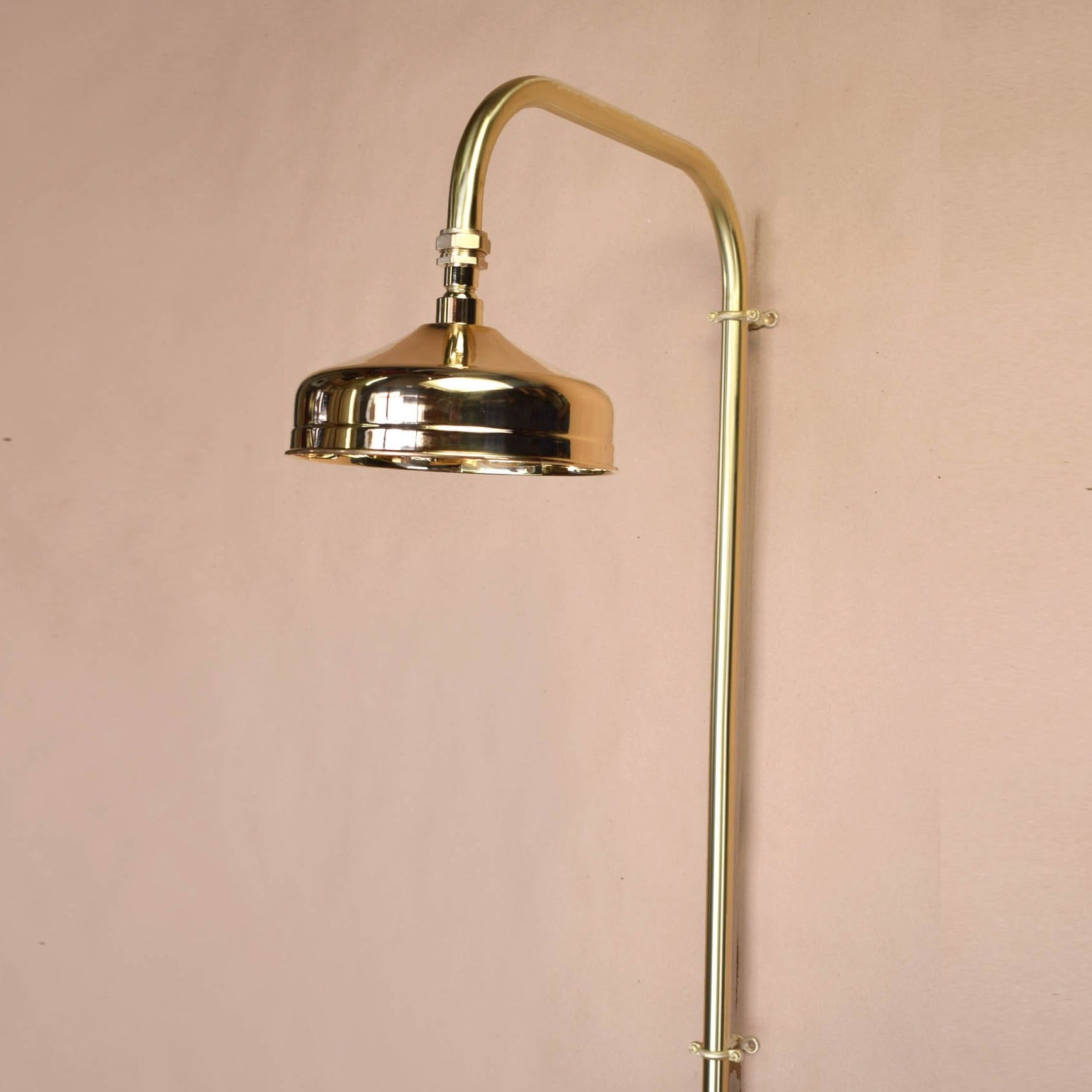 polished brass shower head for sale at Proper Copper Design