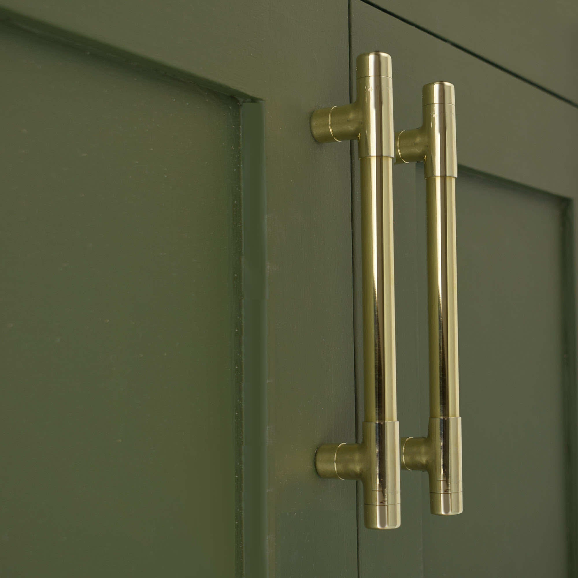 brass handle on green cabinets