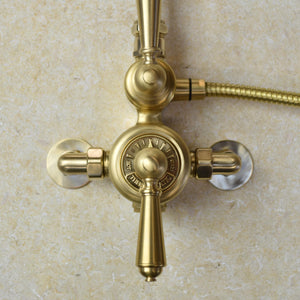 Brass thermostatic shower valve, genuine brass - front image taken in our bathroom showroom brighton