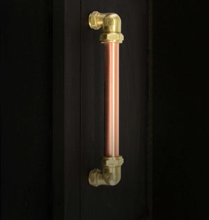 copper and brass barn door handle, drawer