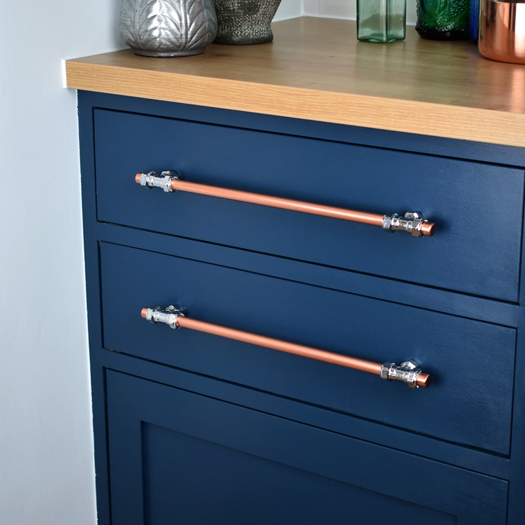 Chrome and Copper Handle - T-Shaped - Long handles on blue drawers