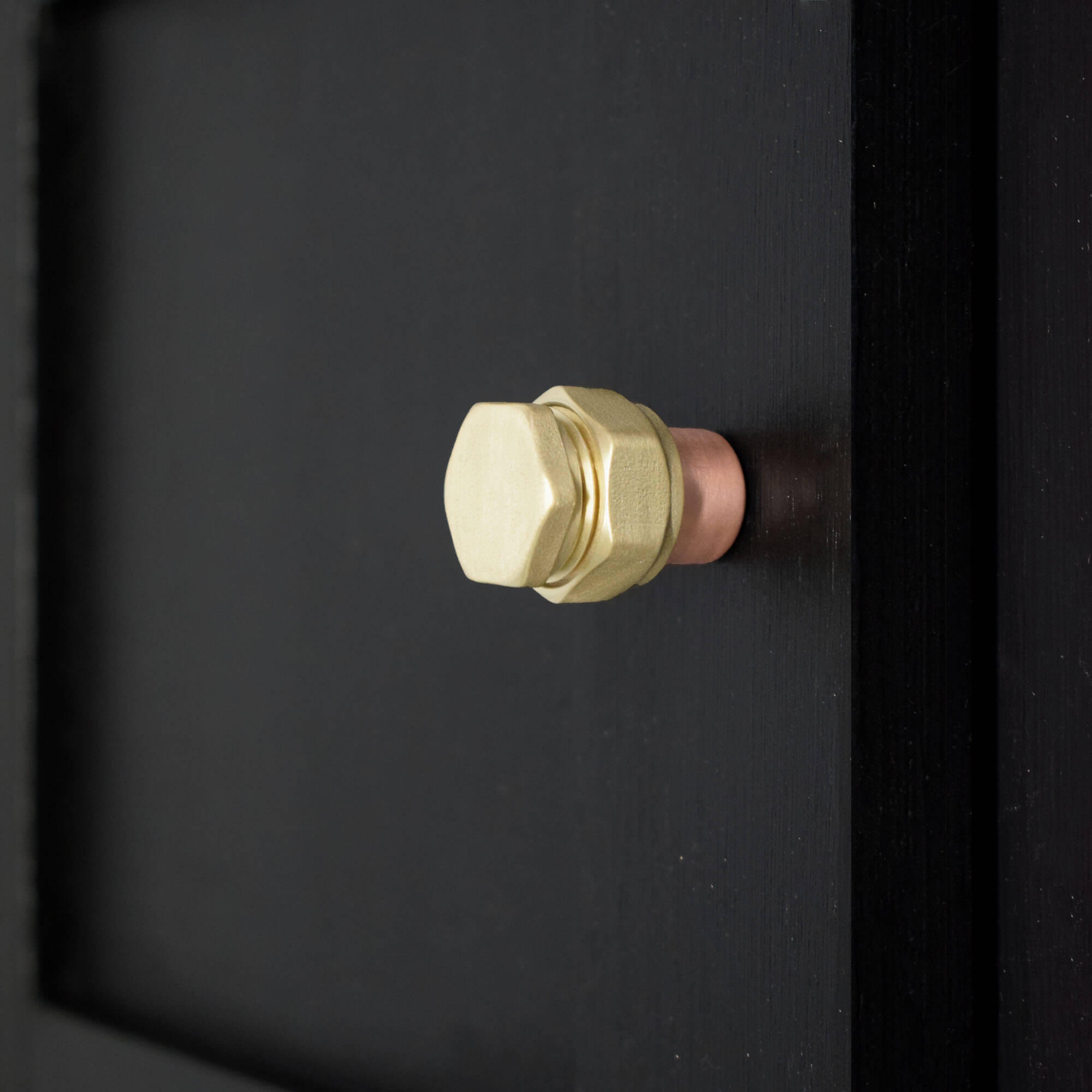 Copper and brass raised knob bolt on black background