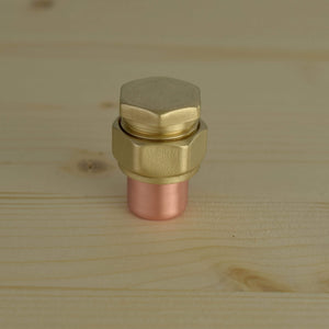 Copper and brass raised knob bolt on wood