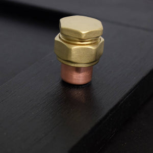 Copper and brass raised knob bolt on black standing