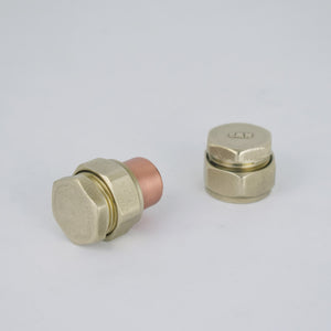 Copper and brass raised knob bolt on white background