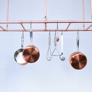 Copper Ceiling Pot and Pan Ladder Rack - close up of hanging pans