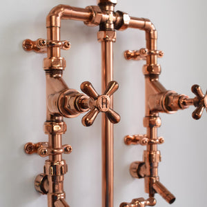 Copper cross head tap heads mounted on a unique backyard shower