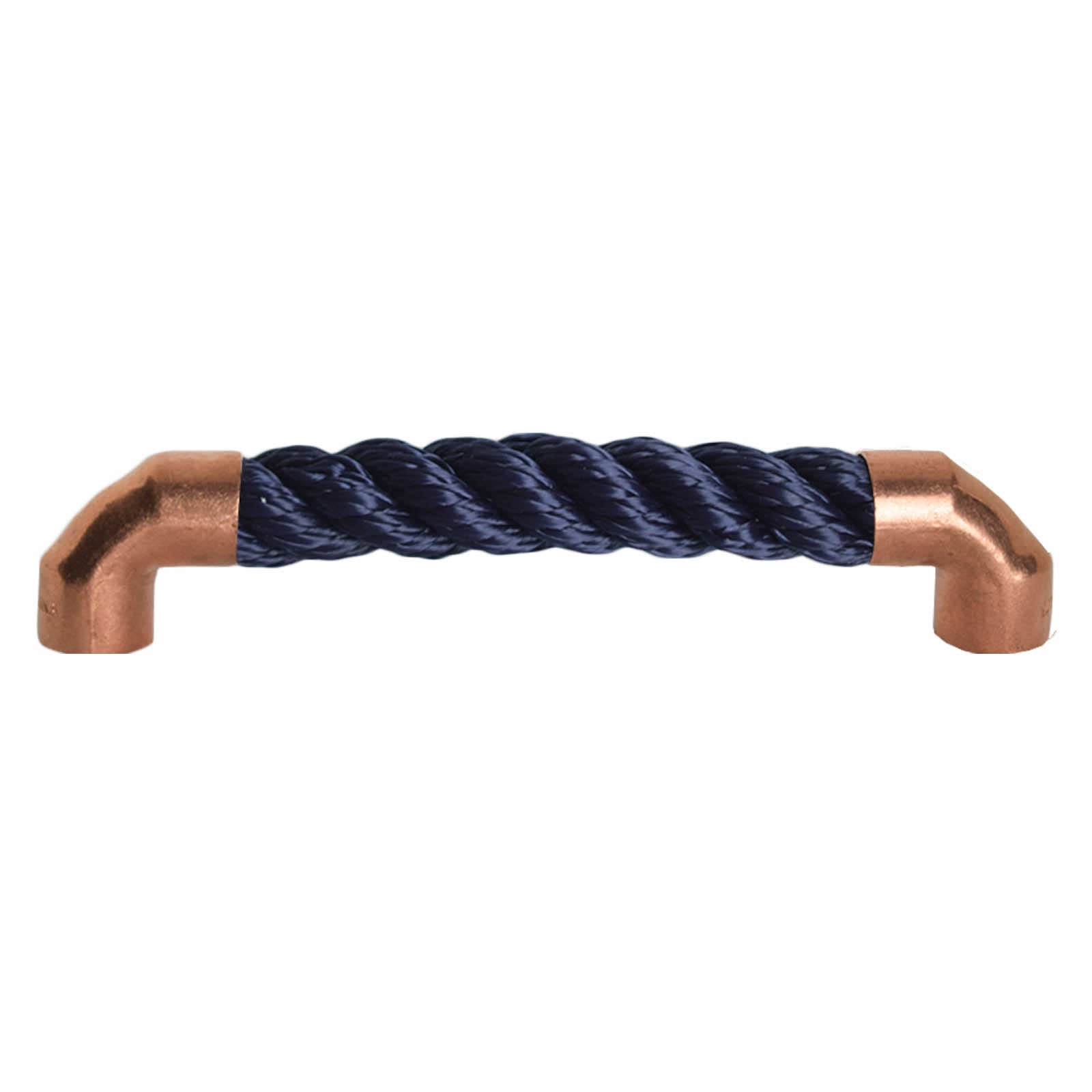 Copper and navy rope pull handle on white background