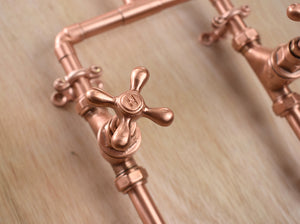 close up photo of a set of stunning handcrafted copper tap heads