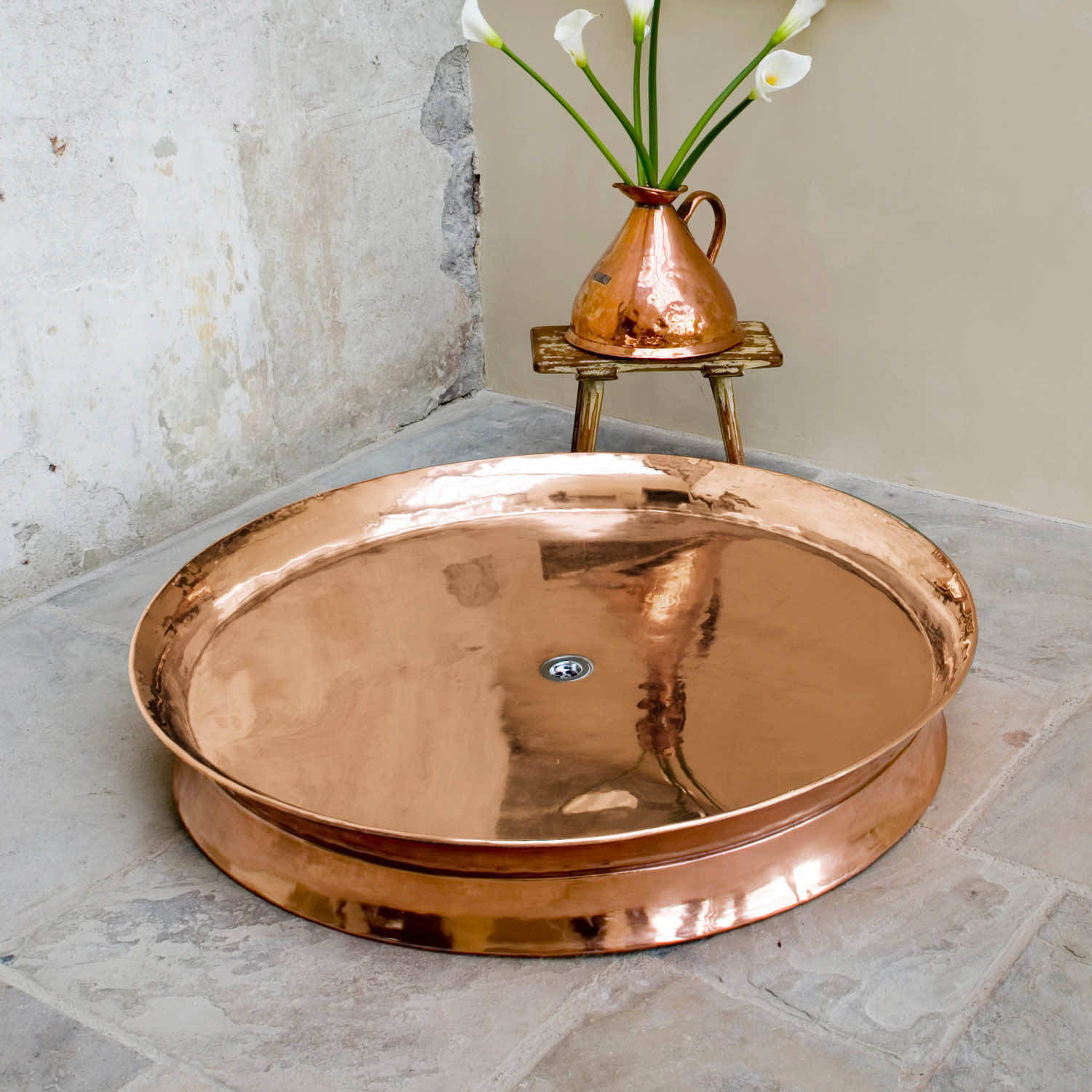 Handmade pure copper shower tray in bathroom