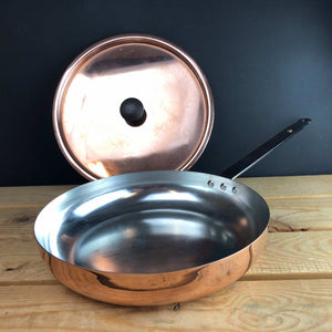 Copper frying pan with lid off 