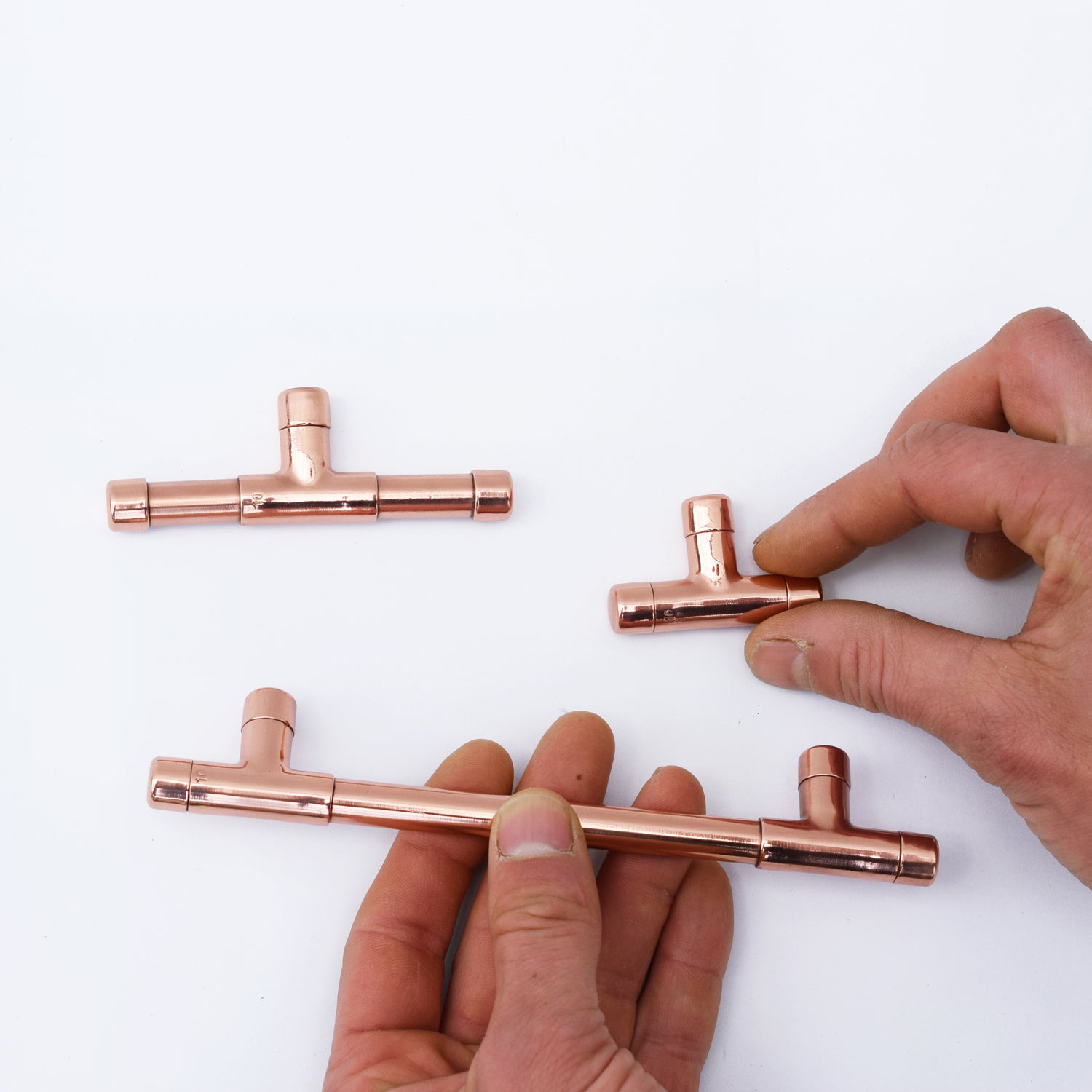Solid Copper Knob (Mini) Extended T-shape - With Hand for Scale