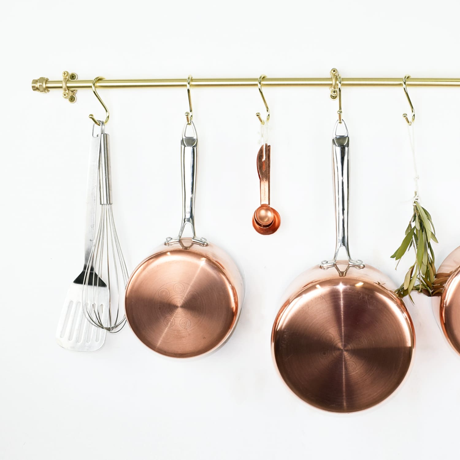 Wall Mounted Solid Brass Pan Rail - 15mm - With hanging pots and pans