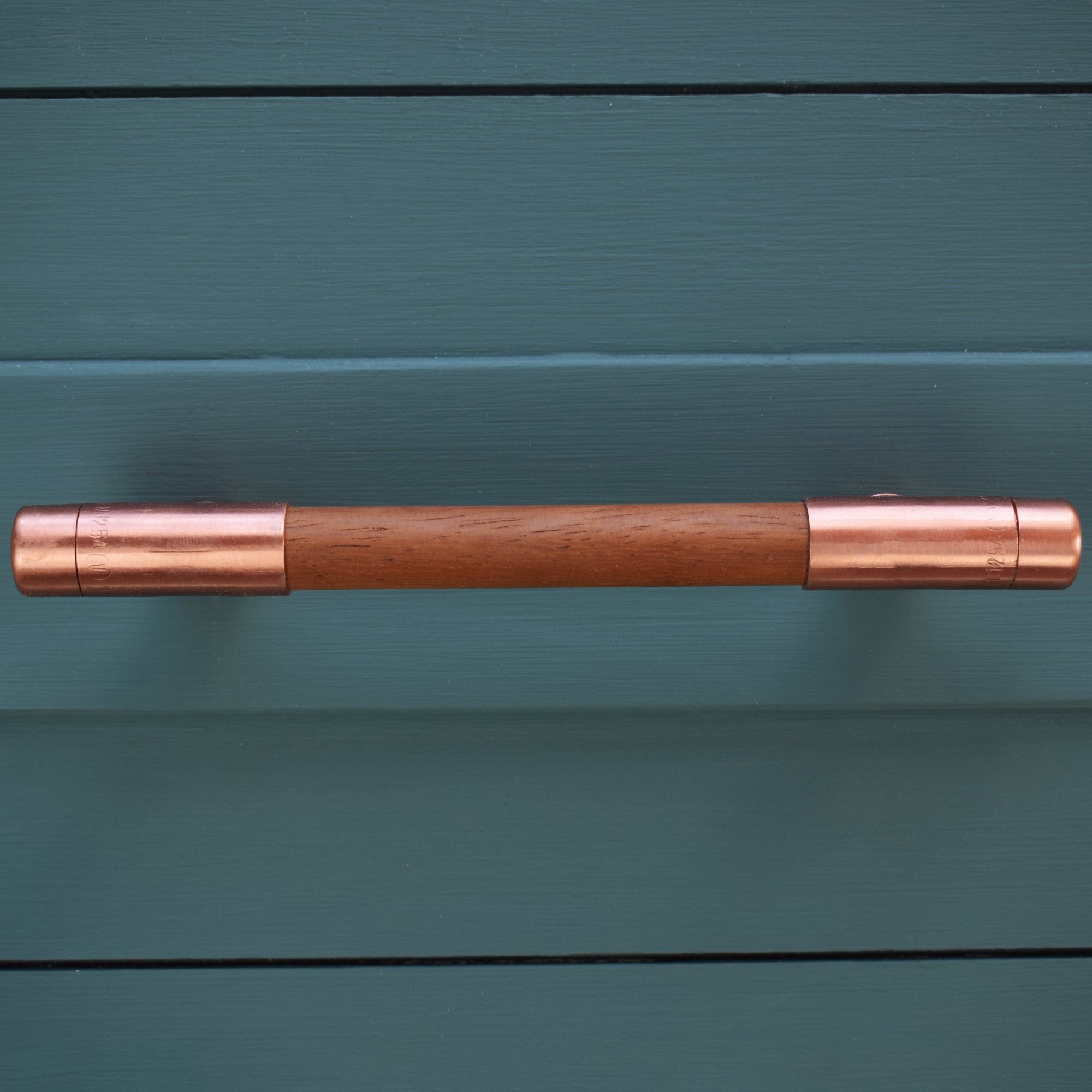 Copper Handle with Wood (Iroko) T-shaped - On Blue Cabinets