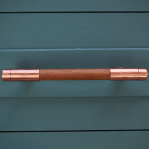 Copper Handle with Wood (Iroko) T-shaped - On Blue Cabinets