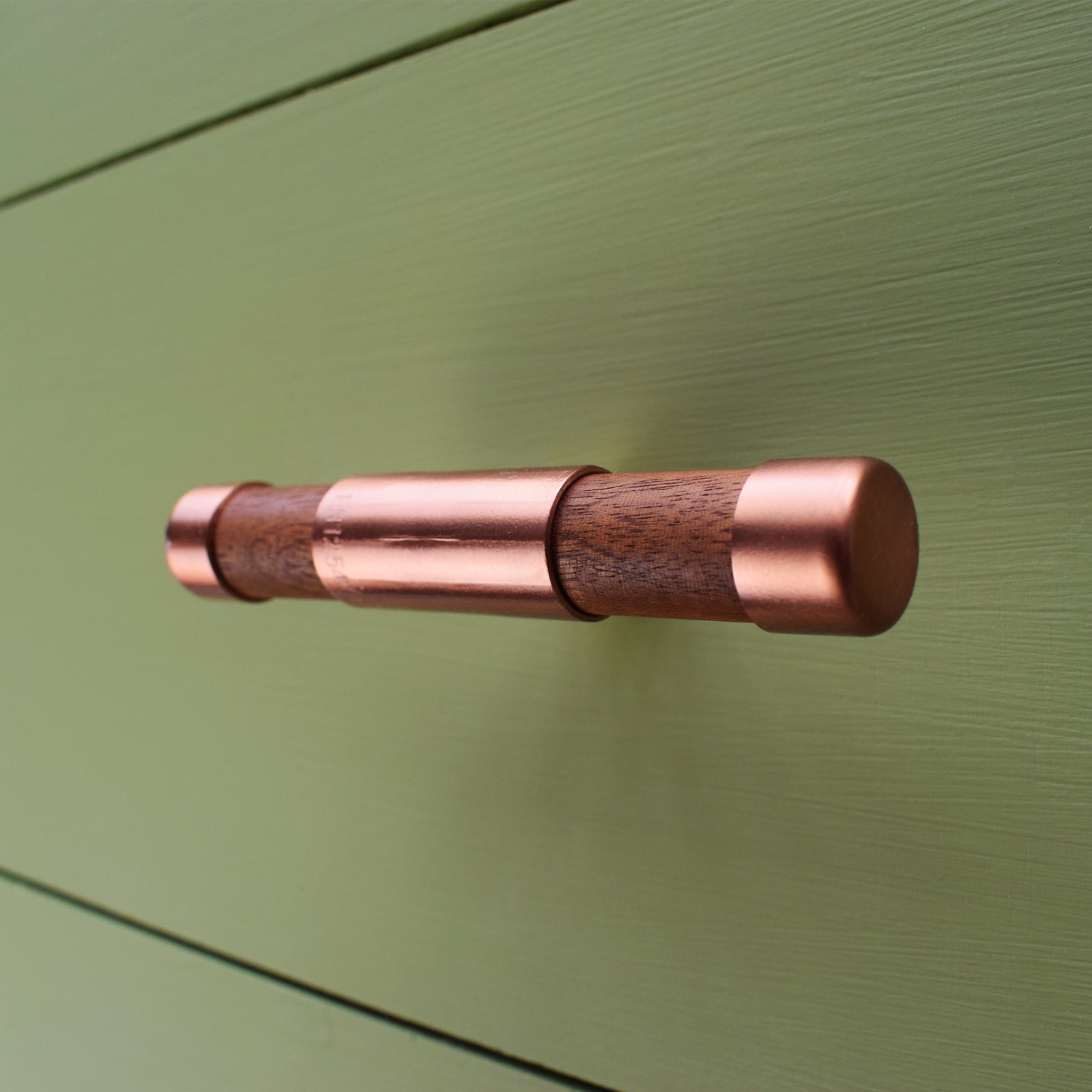 Copper Knob with Iroko T-shaped - On Green Cabinets