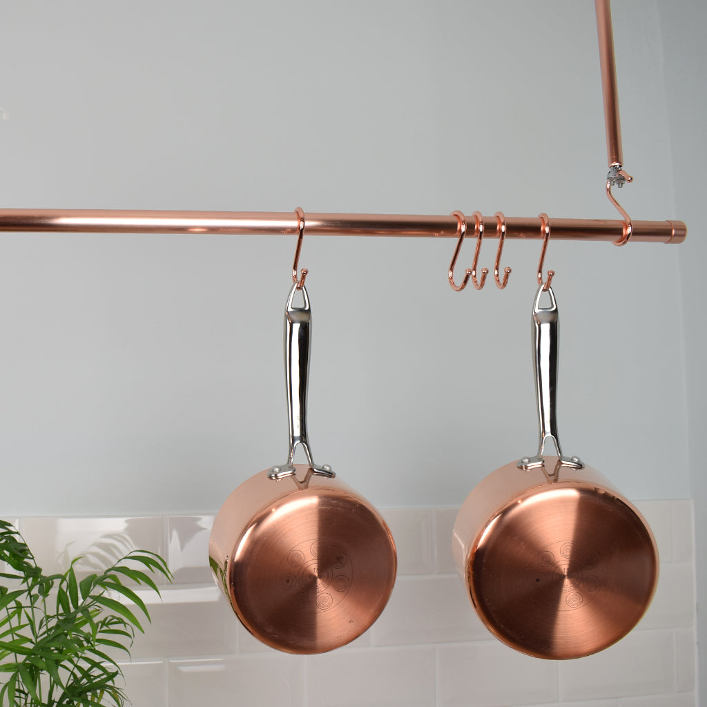 Copper Hanging Pot and Pan Rail - Hanging copper pans and hooks
